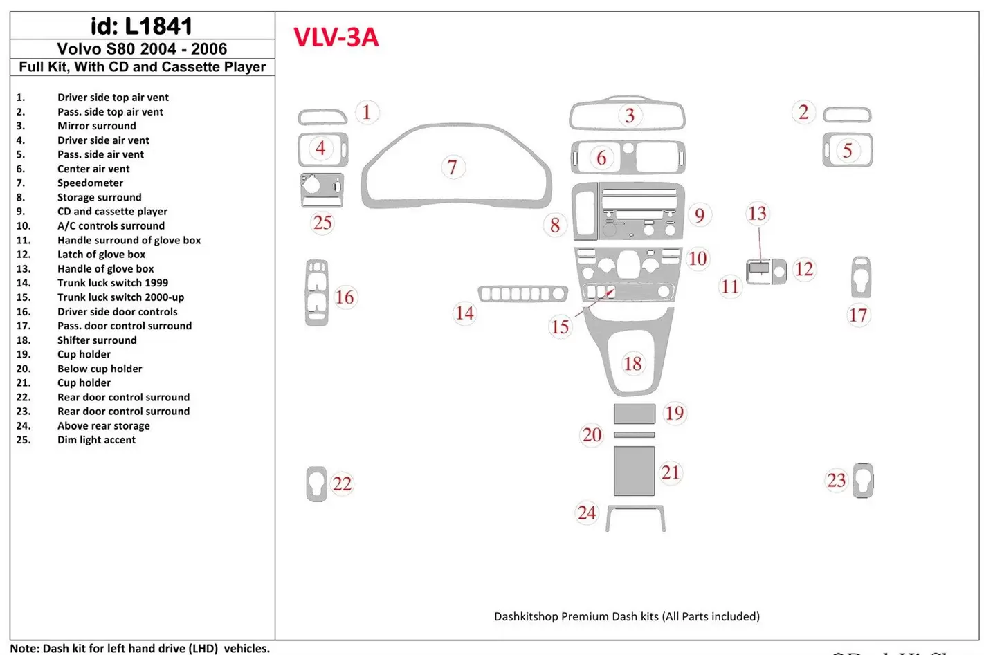 Volvo S80 2004-2006 Ensemble Complet, Avec CD and Compact Casette audio BD Kit la décoration du tableau de bord - 1 - habillage 