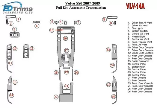 Volvo S80 2007-UP Voll Satz, Automatic Gear BD innenausstattung armaturendekor cockpit dekor - 1- Cockpit Dekor Innenraum