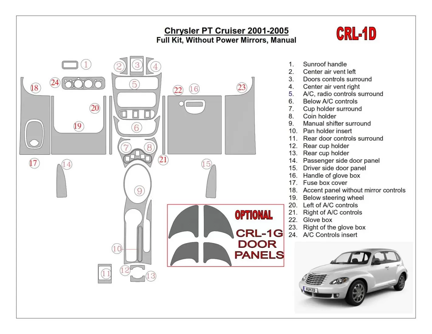 Chrysler PT Cruiser 2001-2005 Full Set, Without Power Mirrors, Manual Gearbox, 23 Parts set Interior BD Dash Trim Kit