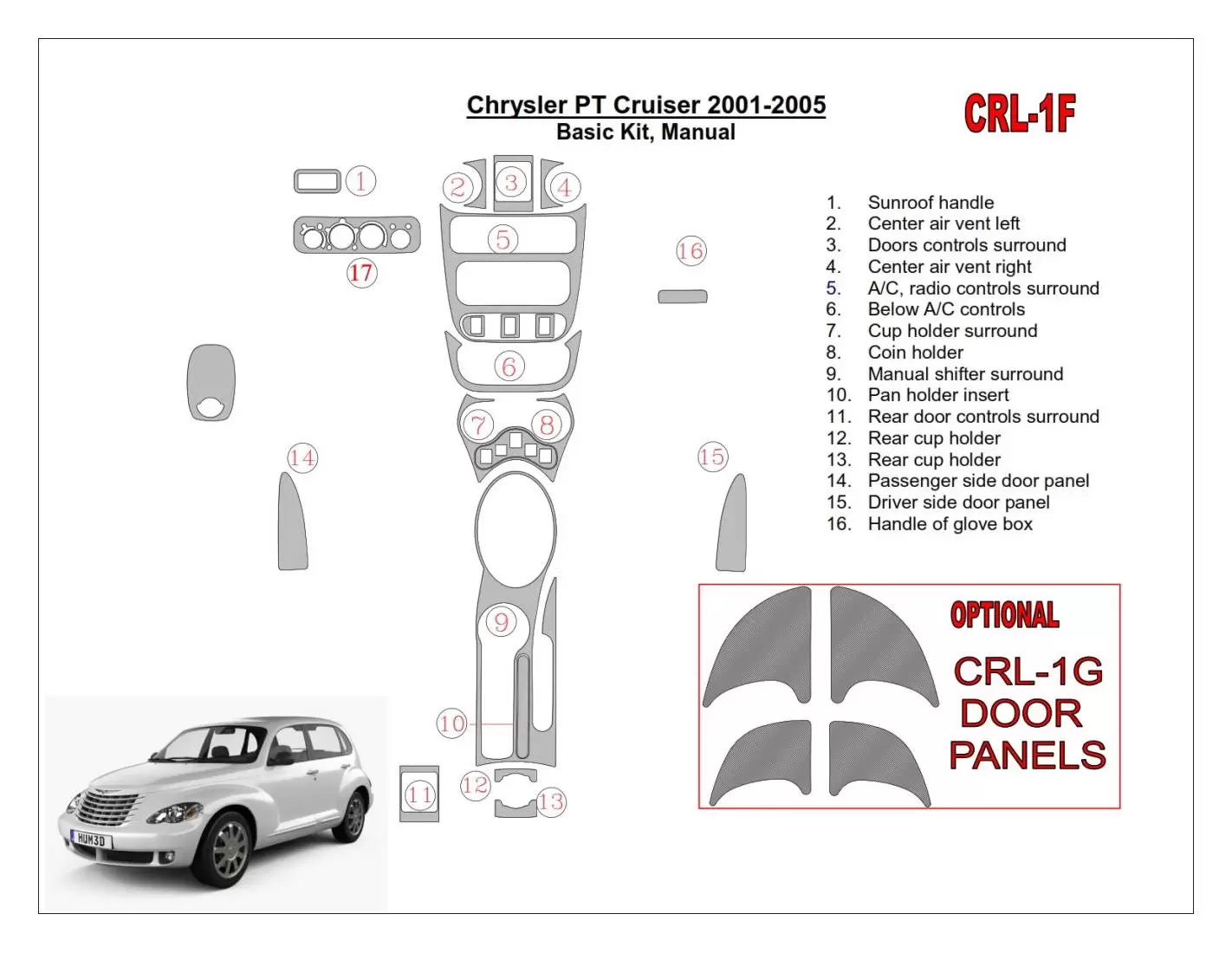 Chrysler PT Cruiser 2001-2005 Paquet de base, boîte manuellebox, 16 Parts set BD Kit la décoration du tableau de bord - 1 - habi