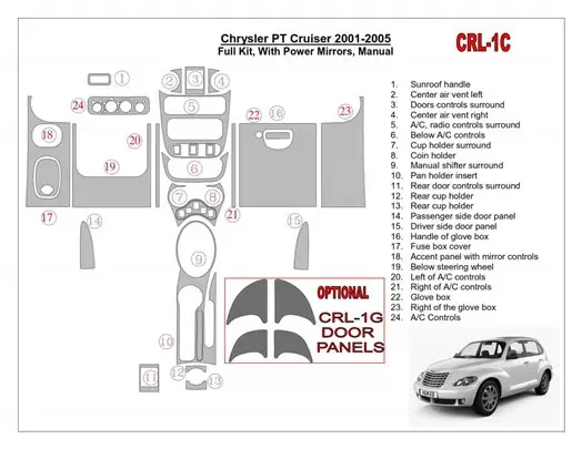 Chrysler PT Cruiser 2001-2005 Ensemble Complet, Avec Power Mirrors, boîte manuellebox, 23 Parts set BD Décoration de tableau de 