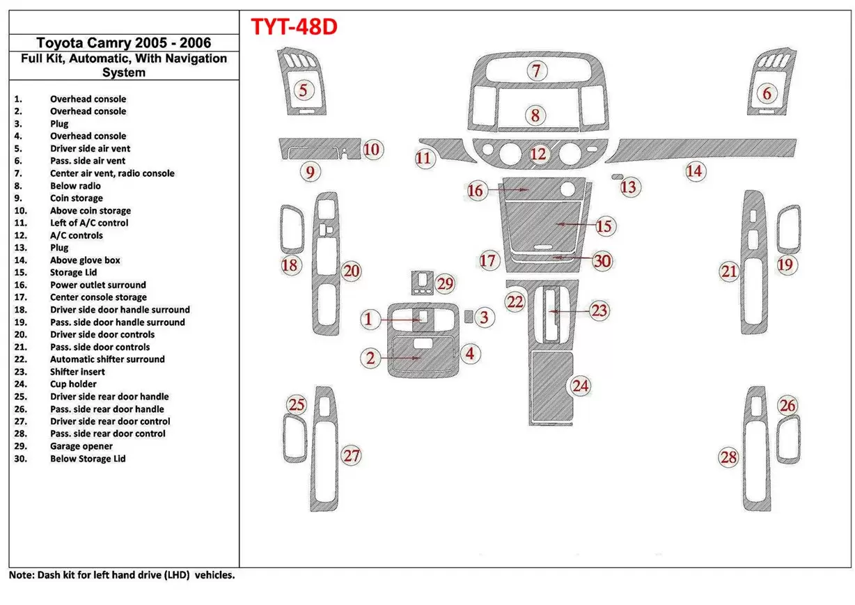 Toyota Camry 2005-2006 Full Set, Automatic Gear, With NAVI system, Without OEM Mascherine sagomate per rivestimento cruscotti 