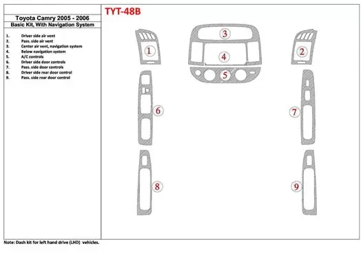 Toyota Camry 2005-2006 Basic Set, With NAVI system, Without OEM Interior BD Dash Trim Kit