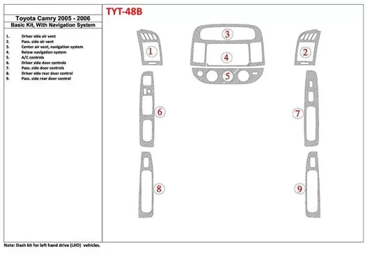 Toyota Camry 2005-2006 Basic Set, With NAVI system, Without OEM Mascherine sagomate per rivestimento cruscotti 