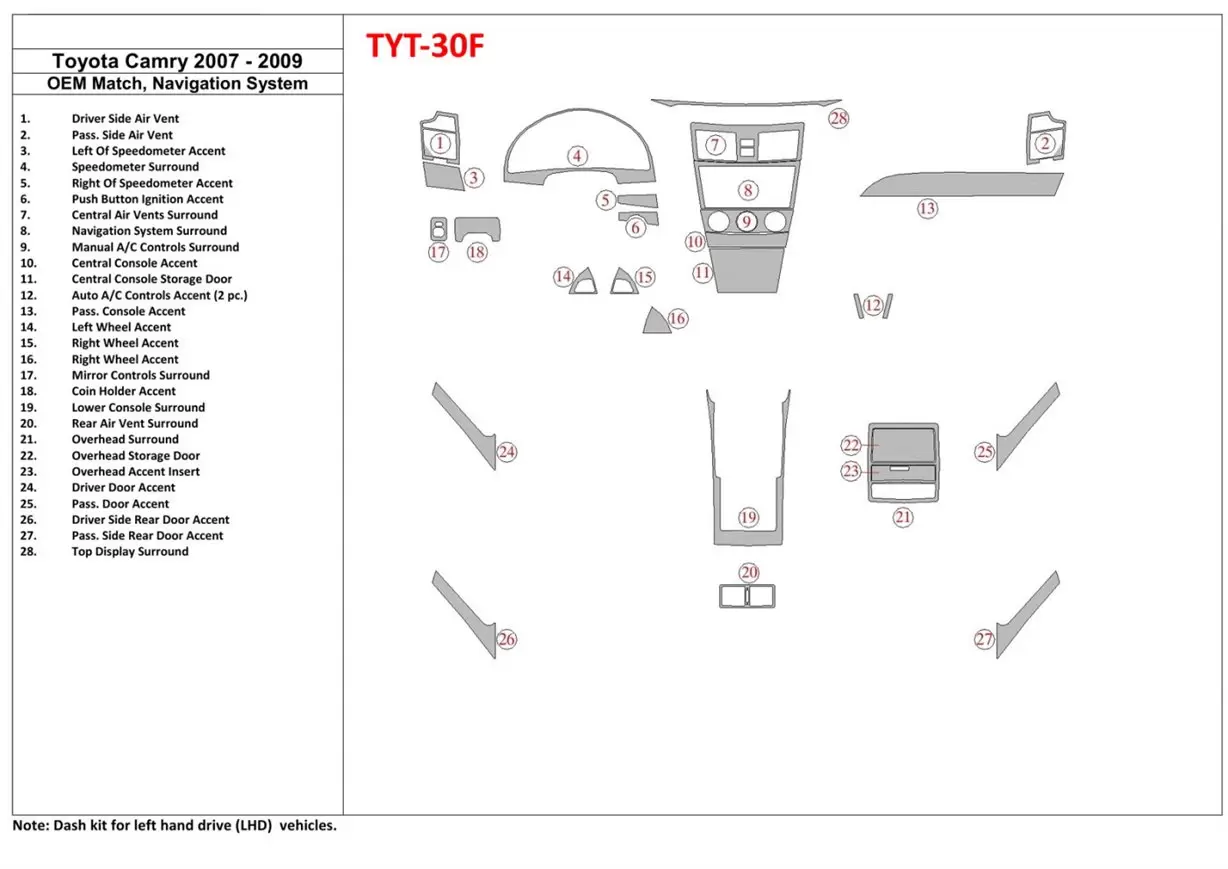 Toyota Camry 2007-2010 Full Set, With OEM Wood Kit, With NAVI Interior BD Dash Trim Kit