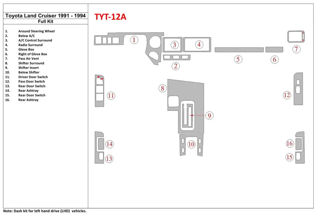 Toyota Land Cruiser 1990-1994 Ensemble Complet BD Kit la décoration du tableau de bord - 1 - habillage decor de tableau de bord