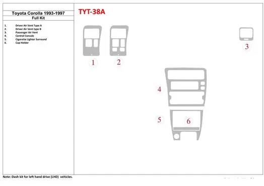 Toyota Corolla 1993-1997 Full Mascherine sagomate per rivestimento cruscotti 