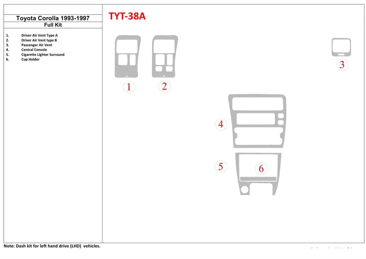 Toyota Corolla 1993-1997 Full Mascherine sagomate per rivestimento cruscotti 