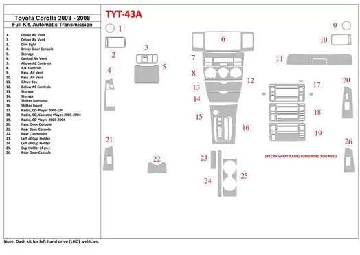 Toyota Corolla 2003-2008 Full Set BD Interieur Dashboard Bekleding Volhouder