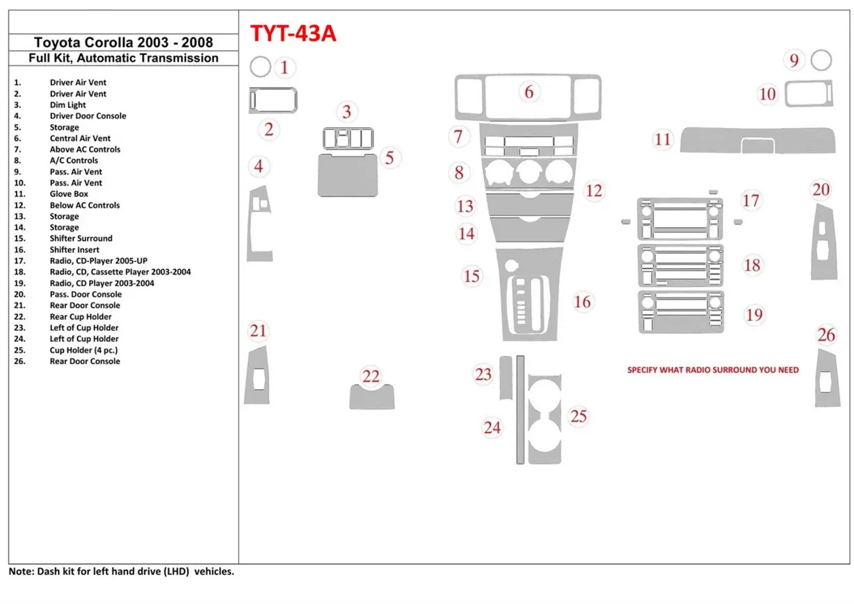 Toyota Corolla 2003-2008 Voll Satz BD innenausstattung armaturendekor cockpit dekor - 1- Cockpit Dekor Innenraum