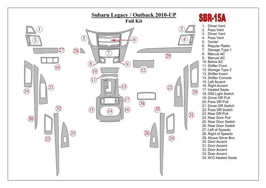 Subaru Legacy 2010-2014 Mittelkonsole Armaturendekor Cockpit Dekor 47-Teilige - 1- Cockpit Dekor Innenraum