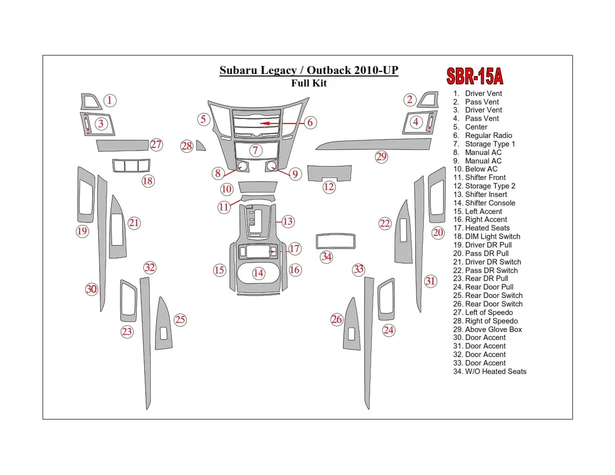 Subaru Legacy 2010-2014 3D Inleg dashboard Interieurset aansluitend en pasgemaakt op he 47-Teile