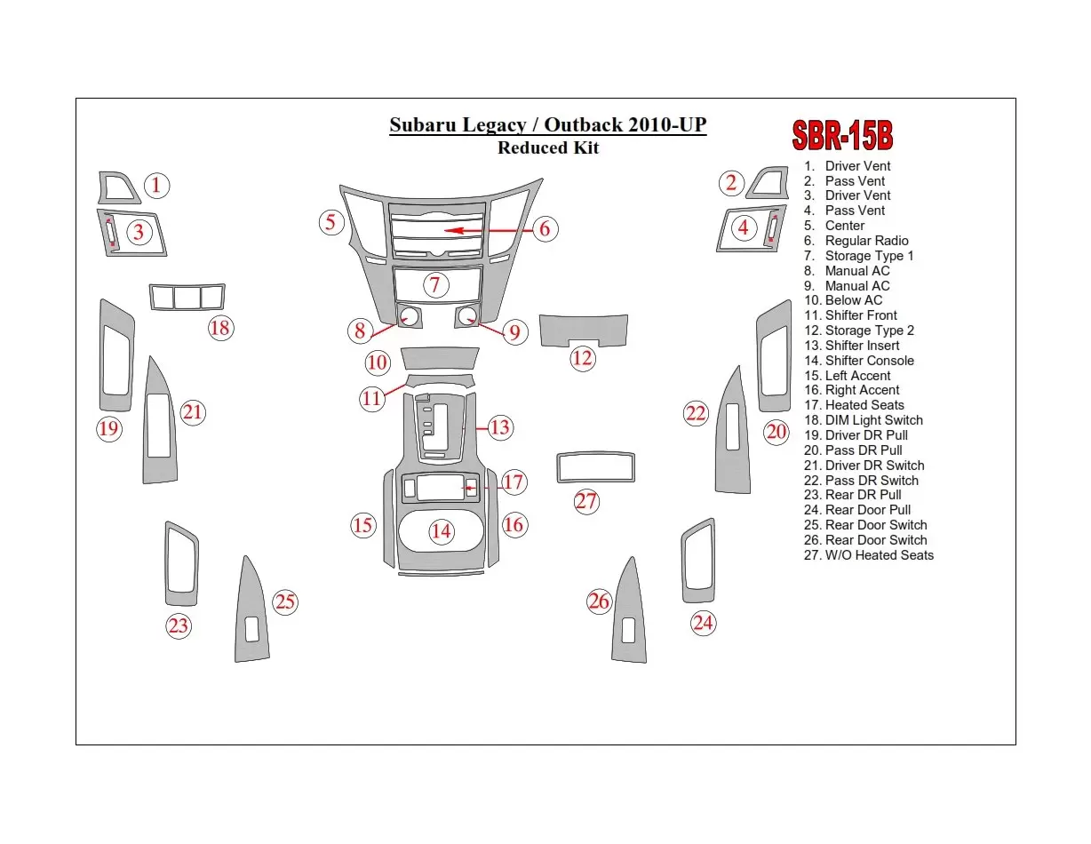 Subaru Legacy 2010-2014 Mittelkonsole Armaturendekor Cockpit Dekor 27-Teilige - 1- Cockpit Dekor Innenraum