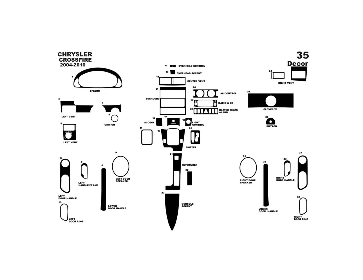 Chrysler Crossfire 2004-2008 Kit la décoration du tableau de bord 35-Pièce - 2 - habillage decor de tableau de bord