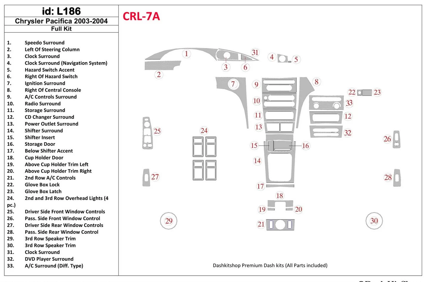 Chrysler Pacifica 2003-2004 Full Set, OEM Compliance BD Interieur Dashboard Bekleding Volhouder