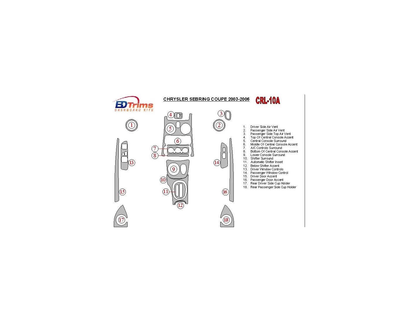 Chrysler Sebring Coupe 2003-2006 Voll Satz BD innenausstattung armaturendekor cockpit dekor - 1- Cockpit Dekor Innenraum