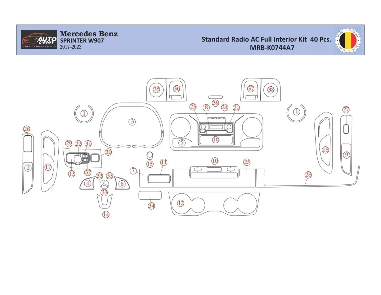 Mercedes Sprinter W907 Inleg dashboard Interieurset aansluitend en pasgemaakt 40 Delen