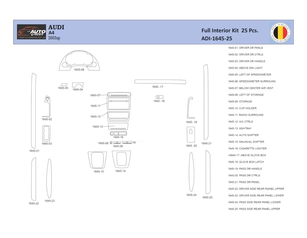 Audi A4 B6 2000–2006 Inleg dashboard Interieurset aansluitend en pasgemaakt 44 Delen