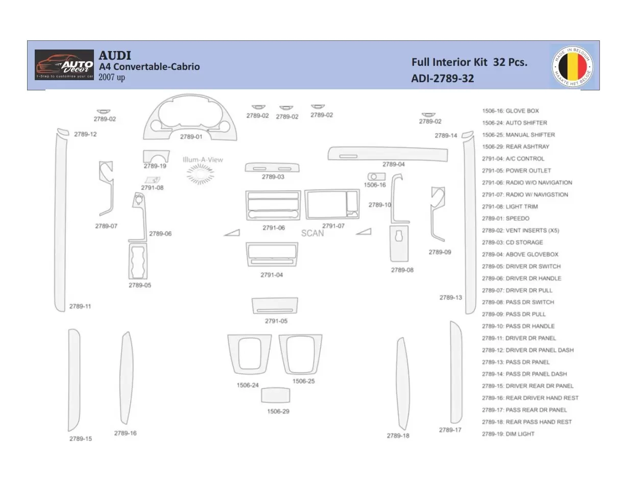 Audi A4 B7 Cabrio 2004–2008 Inleg dashboard Interieurset aansluitend en pasgemaakt 32 Delen