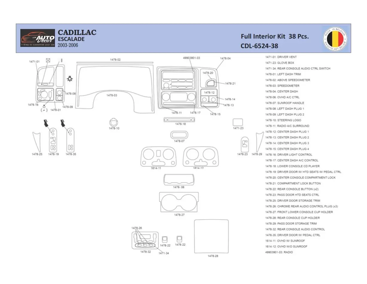 Cadillac Escalade 2003–2006 Mittelkonsole Armaturendekor WHZ Cockpit Dekor 34 Teilige - 1- Cockpit Dekor Innenraum