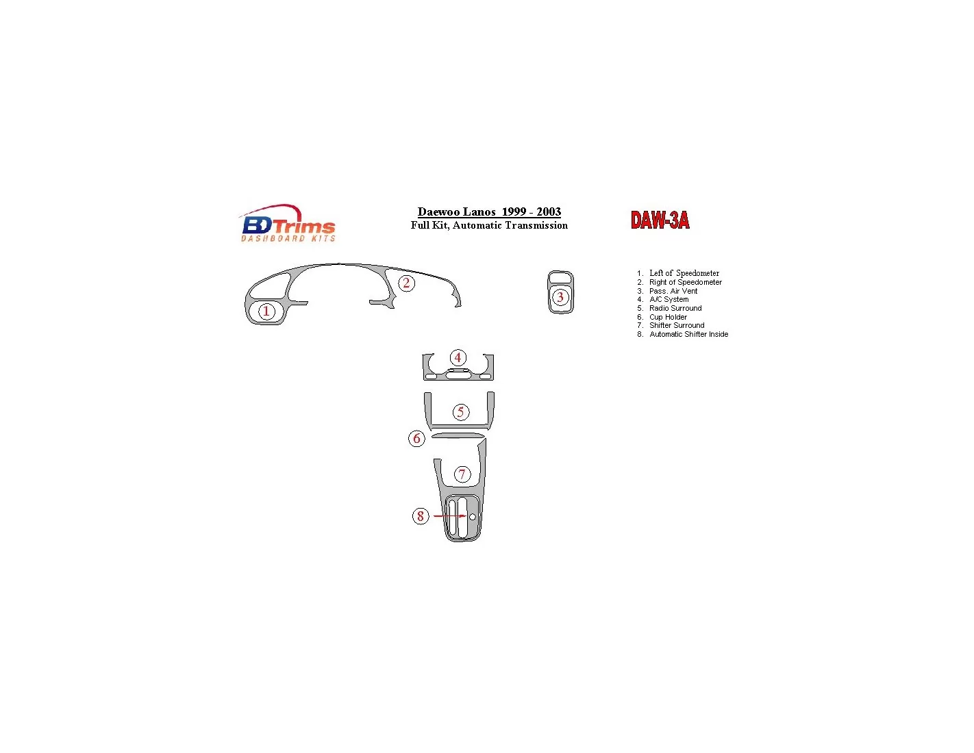 Daewoo Lanos 1999-2003 Full Set, Automatic Gear BD Interieur Dashboard Bekleding Volhouder