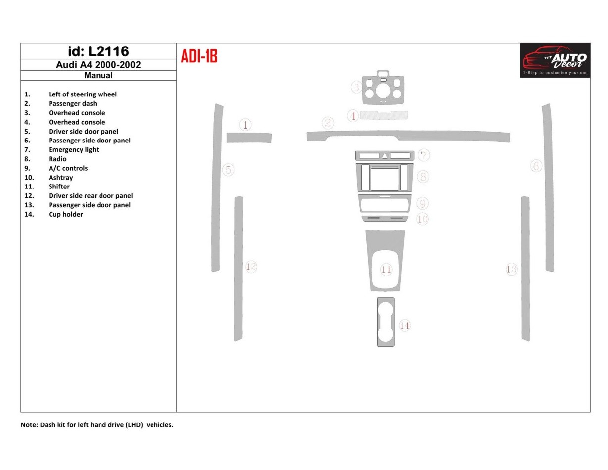 Audi A4 2000-2001 Ensemble Complet BD Kit la décoration du tableau de bord - 1 - habillage decor de tableau de bord