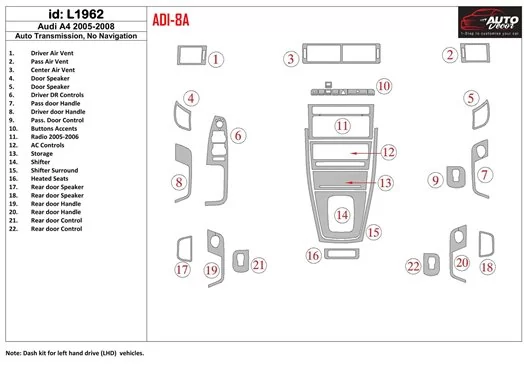 Audi A4 2005-2008 Automatic Gearbox Cruscotto BD Rivestimenti interni