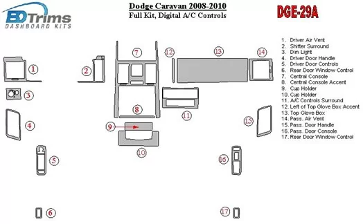 Dodge Caravan 2008-UP Full Set, Automatic AC Controls BD Interieur Dashboard Bekleding Volhouder