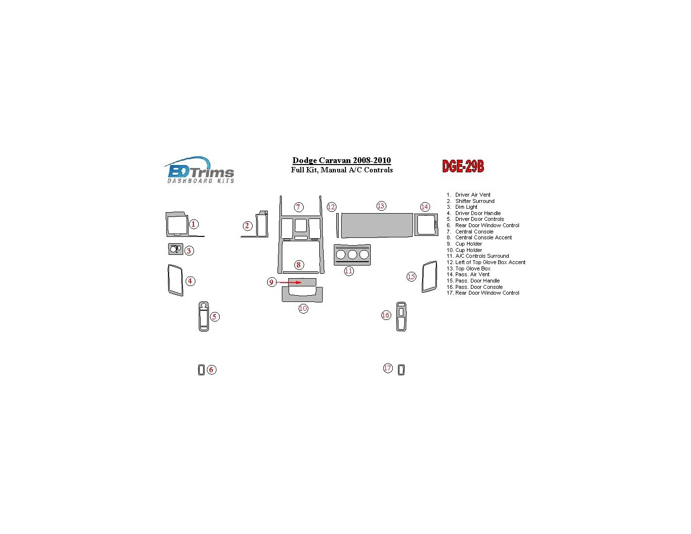 Dodge Caravan 2008-UP Full Set, Manual Gearbox AC Controls Cruscotto BD Rivestimenti interni