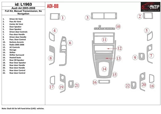 Audi A4 2005-2008 Manual Transm BD Kit la décoration du tableau de bord - 1 - habillage decor de tableau de bord