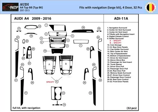 Audi A4 B8 Typ 8K 2007-2015 3D Inleg dashboard Interieurset aansluitend en pasgemaakt op he 32-Parts