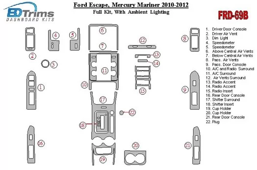 Ford Escape 2010-2012 Full Set With lighting Ambient lighting Cruscotto BD Rivestimenti interni