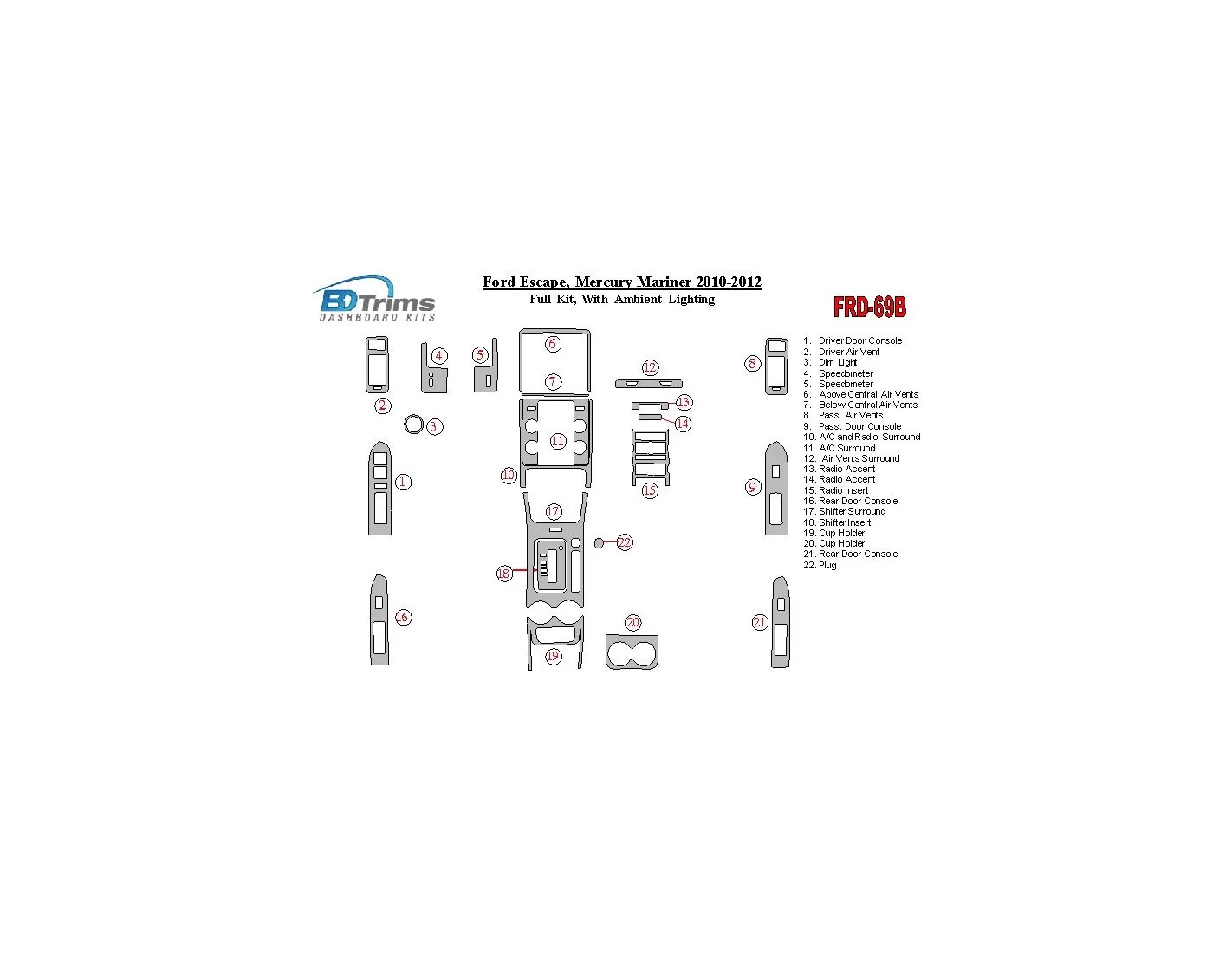 Ford Escape 2010-2012 Full Set With lighting Ambient lighting Cruscotto BD Rivestimenti interni