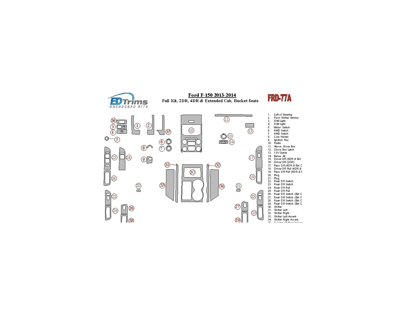 Ford F-150 2013-UP Full Set, Separated driver seats BD Interieur Dashboard Bekleding Volhouder