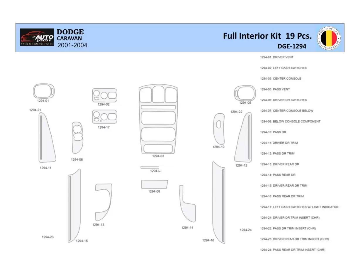 Dodge Caravan 2001-2004 Interior WHZ Dashboard trim kit 19 Parts