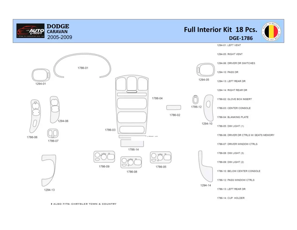 Dodge Caravan 2005-2007 Kit la décoration du tableau de bord 18 Pièce - 1 - habillage decor de tableau de bord