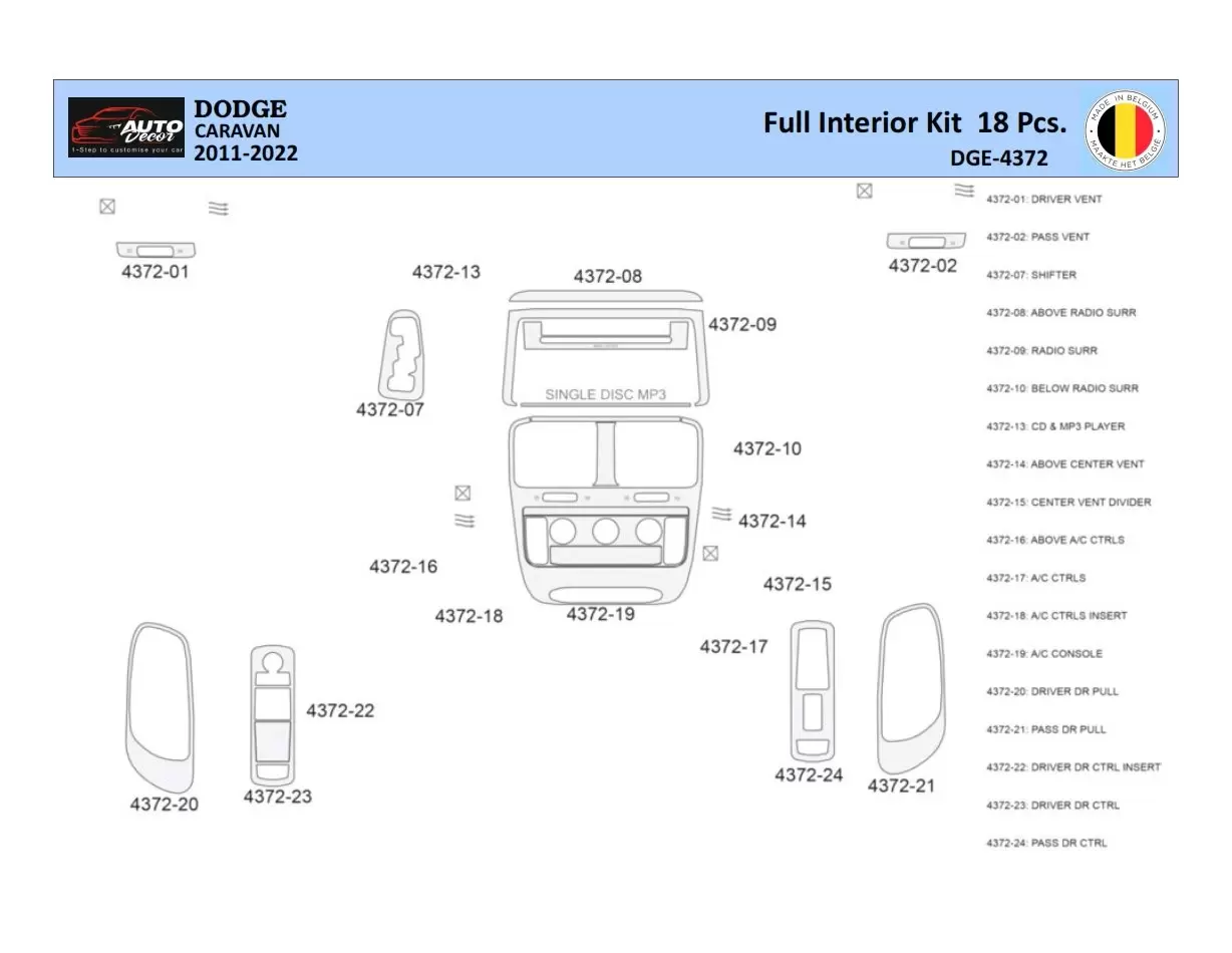 Dodge Caravan 2008-2016 Interior WHZ Dashboard trim kit 18 Parts