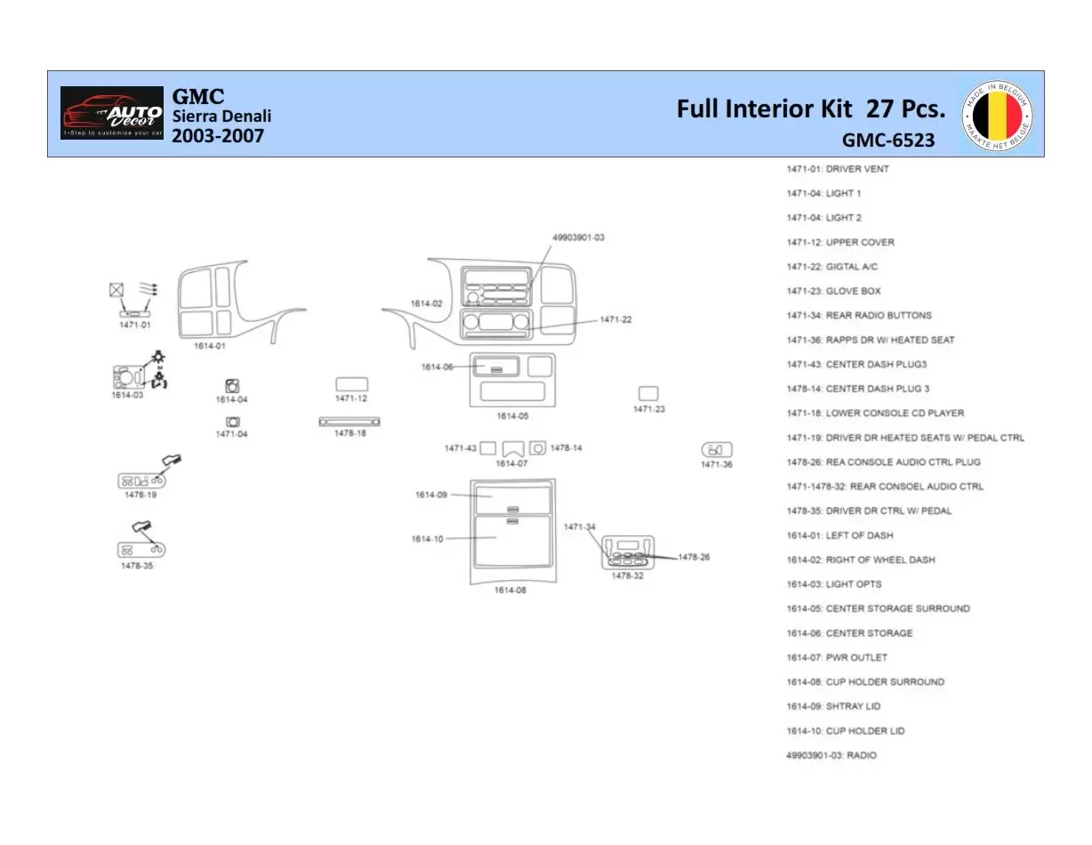 GMC Denali 2003-2006 Inleg dashboard Interieurset aansluitend en pasgemaakt 27 Delen