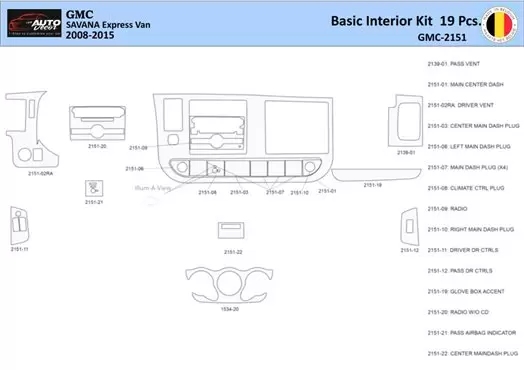 GMC Savana 2008-2020 Interior WHZ Dashboard trim kit 19 Parts