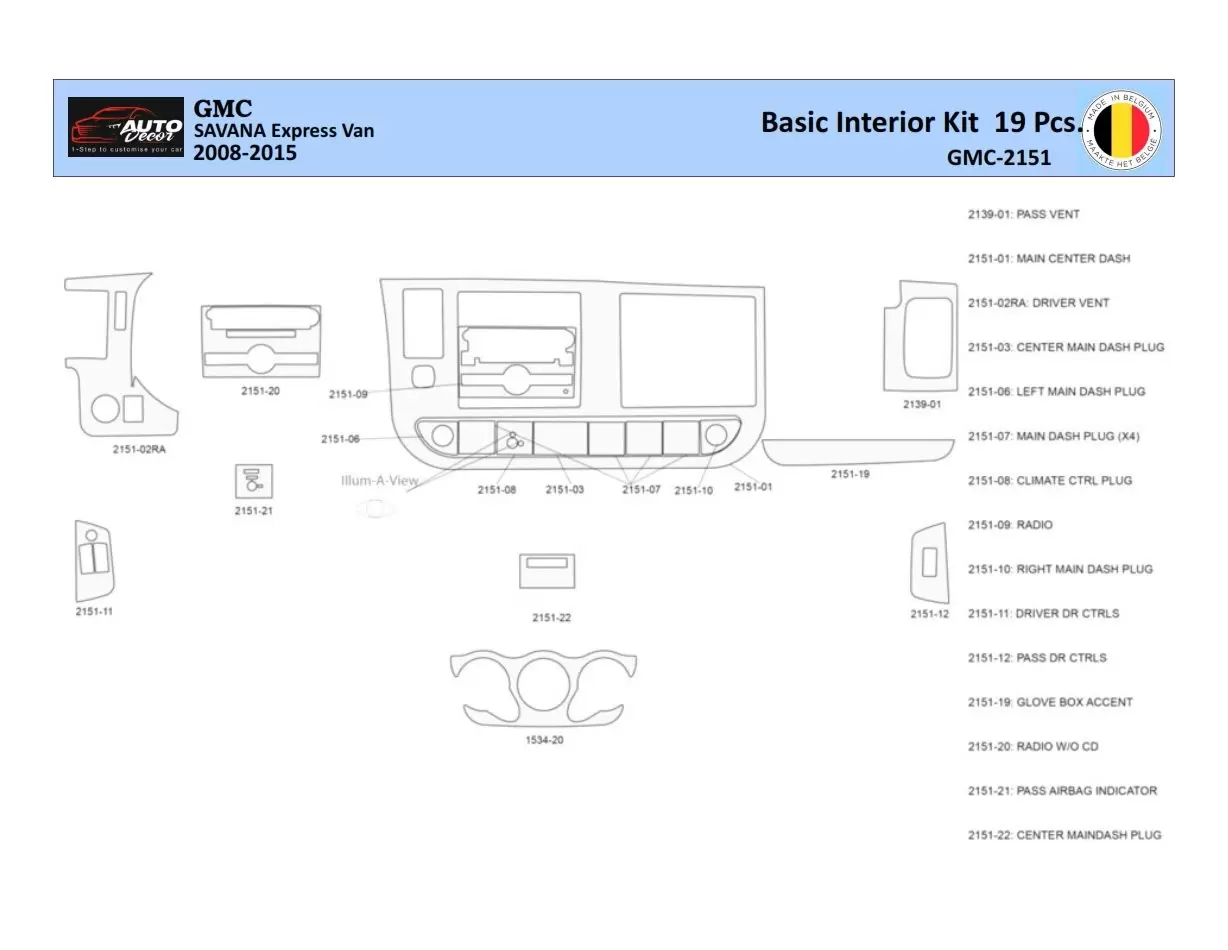 GMC Savana 2008-2020 Interior WHZ Dashboard trim kit 19 Parts