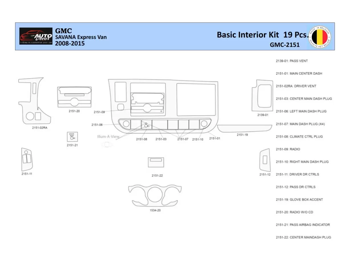 GMC Savana 2008-2020 Kit rivestimento cruscotto interno WHZ 19 pezzi