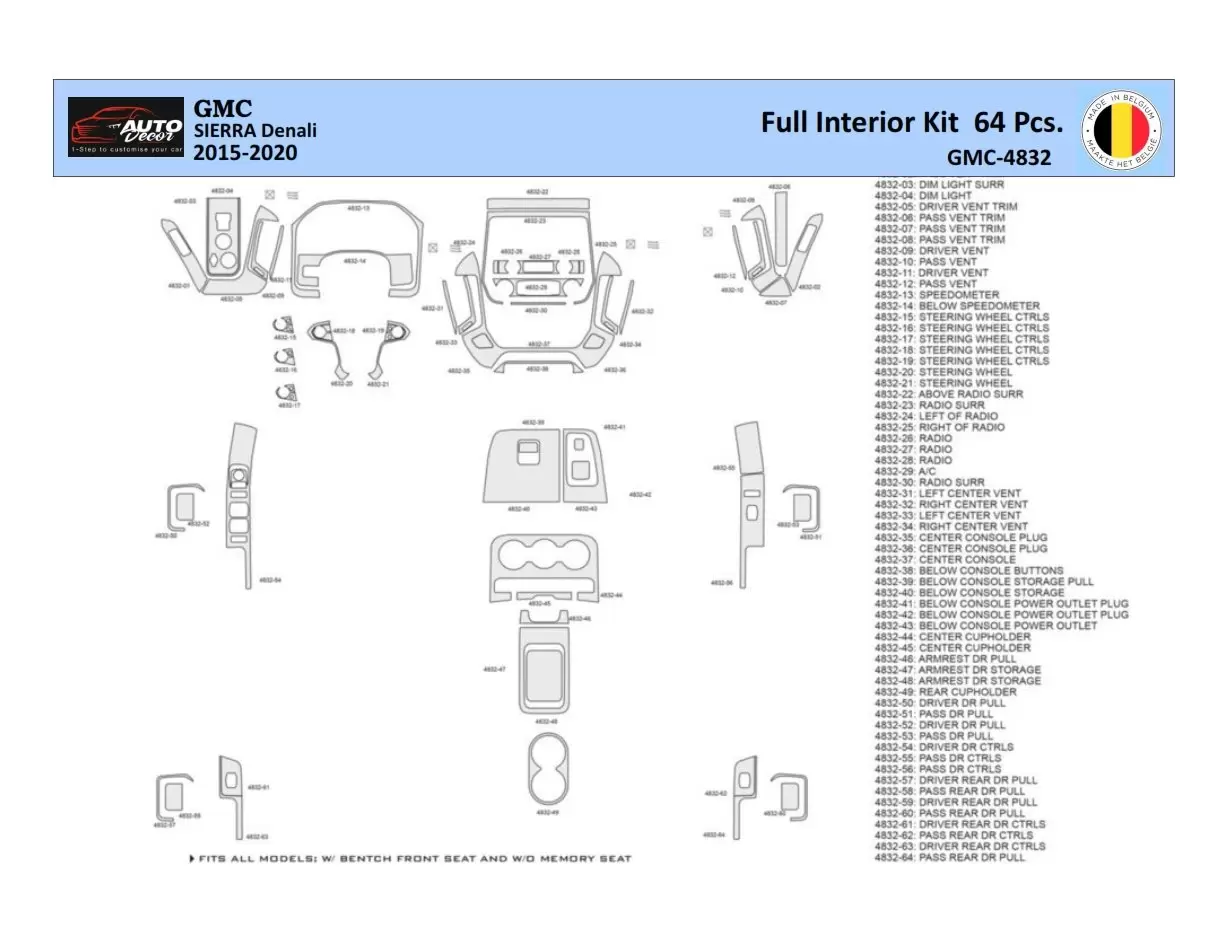 GMC Sierra 2014-2018 Kit la décoration du tableau de bord 64 Pièce - 1 - habillage decor de tableau de bord