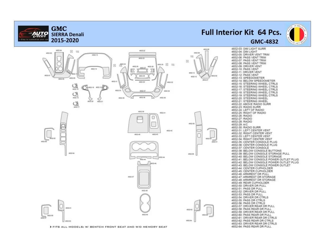 GMC Sierra 2014-2018 Interior WHZ Dashboard trim kit 64 Parts