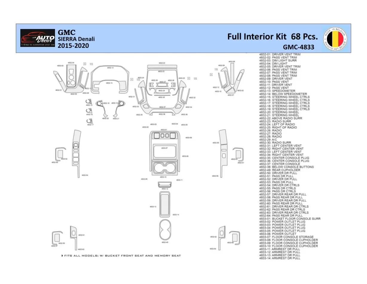 GMC Sierra 2014-2018 Mascherine sagomate per rivestimento cruscotti 68 Decori