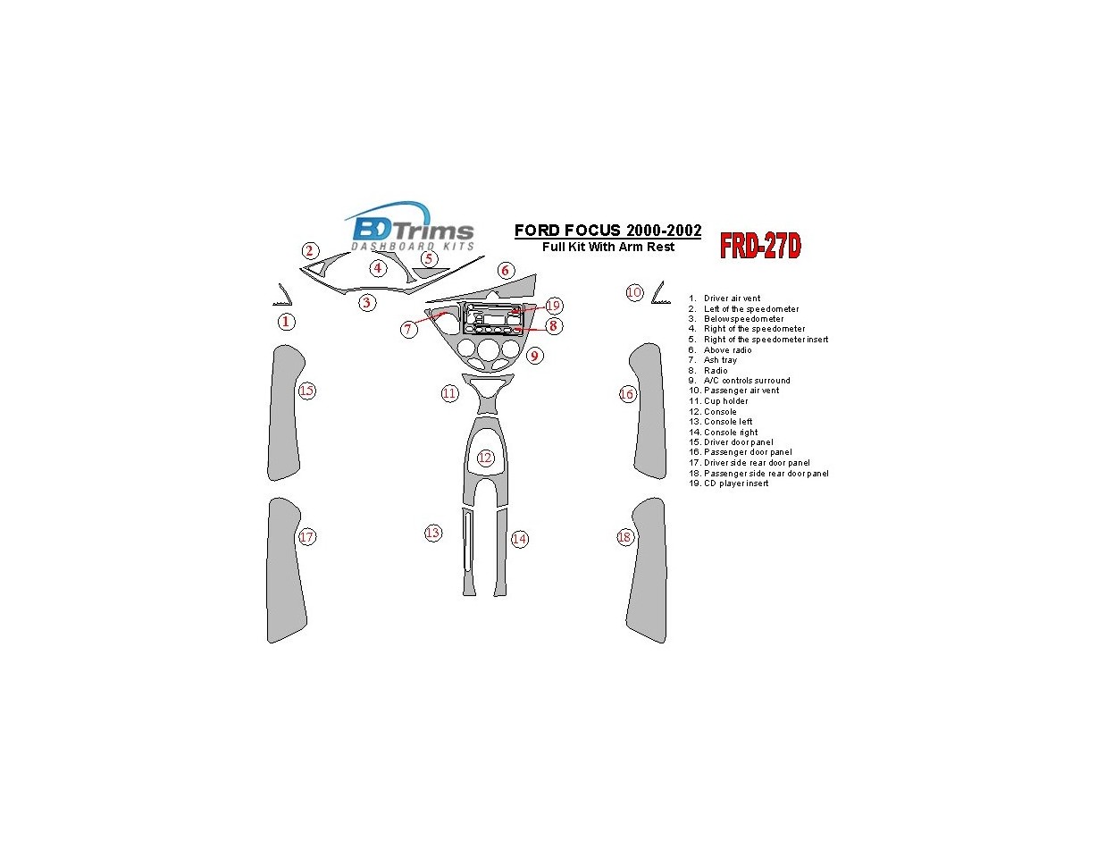 Ford Focus 2000-2002 Ensemble Complet, Avec Arm Rest, 4 Des portes, 18 Parts set BD Kit la décoration du tableau de bord - 1 - h