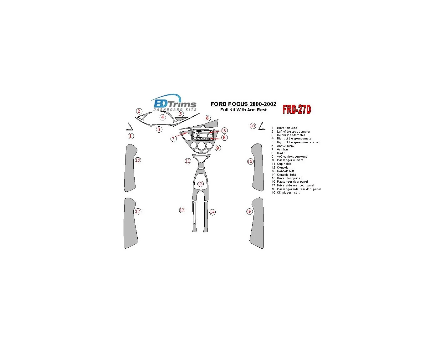 Ford Focus 2000-2002 Ensemble Complet, Avec Arm Rest, 4 Des portes, 18 Parts set BD Kit la décoration du tableau de bord - 1 - h