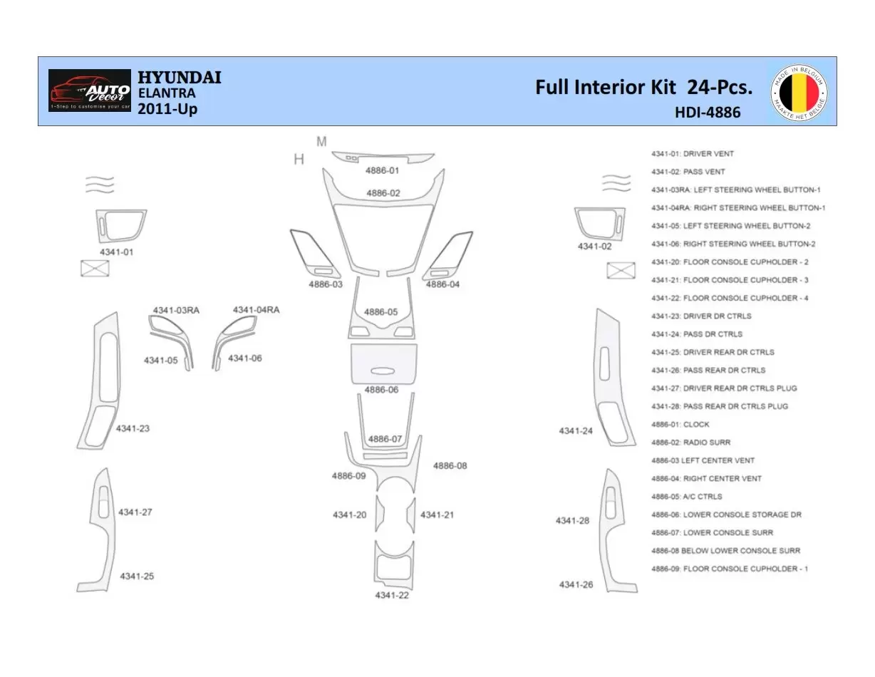 Hyundai Elantra 2010-2015 Mittelkonsole Armaturendekor WHZ Cockpit Dekor 24 Teilige - 1- Cockpit Dekor Innenraum