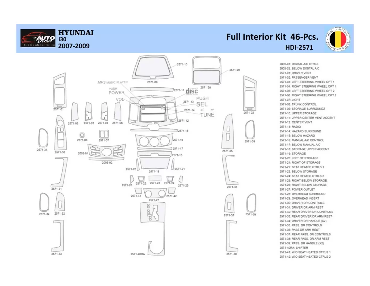 Hyundai-i30 2007-2009 Inleg dashboard Interieurset aansluitend en pasgemaakt 46 Delen