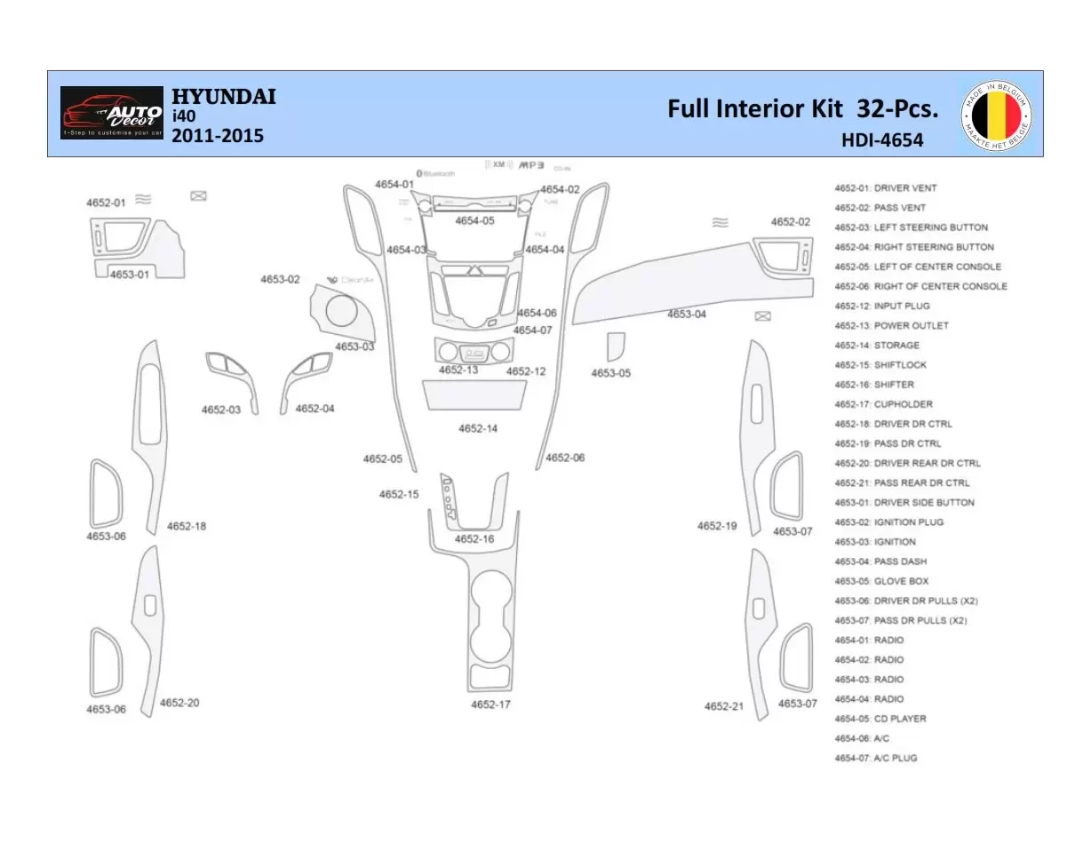 Hyundai i40 2011-2015 Kit la décoration du tableau de bord 32 Pièce - 1 - habillage decor de tableau de bord