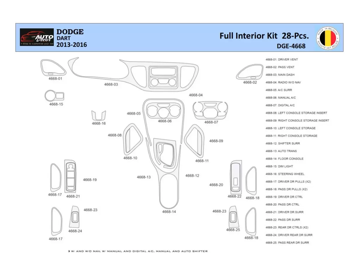 Dodge Dart PF 2012-2016 Mittelkonsole Armaturendekor WHZ Cockpit Dekor 28 Teilige - 1- Cockpit Dekor Innenraum